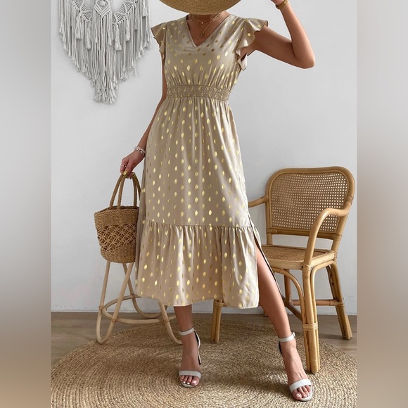 Gold Dot Print Butterfly Sleeve Split Thigh Dress - Picture 1 of 6